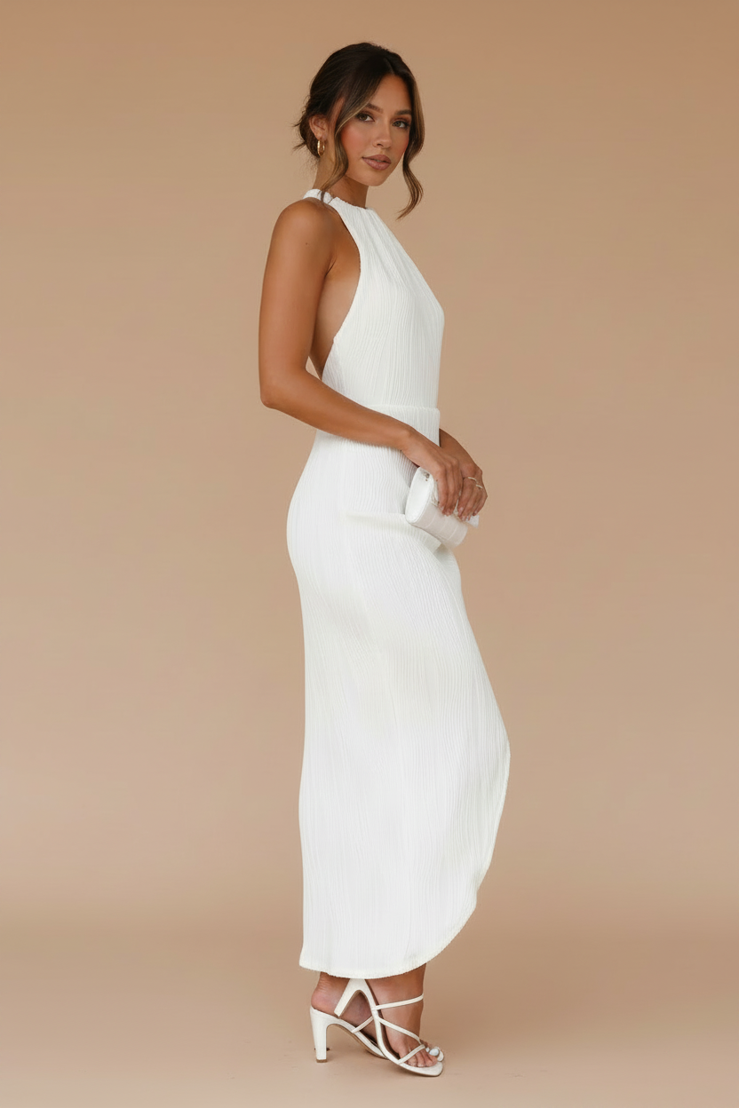 Celia – Midi Halter Effect Silhouette White Dress