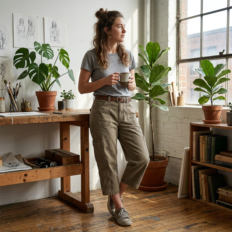 Pantaloni Capri cargo cachi indossati in studio – look casual quotidiano