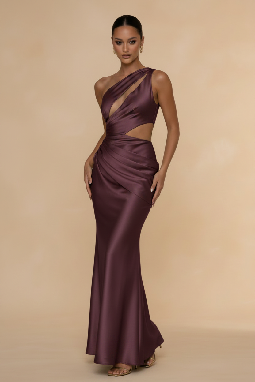 Aveline | Asymmetric One-Shoulder Satin Maxi Dress in Burgundy