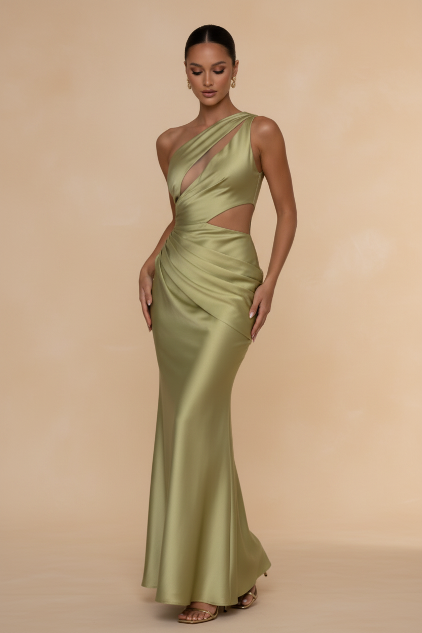 Aveline – Maxi Asymmetric Satin Olive Green Dress