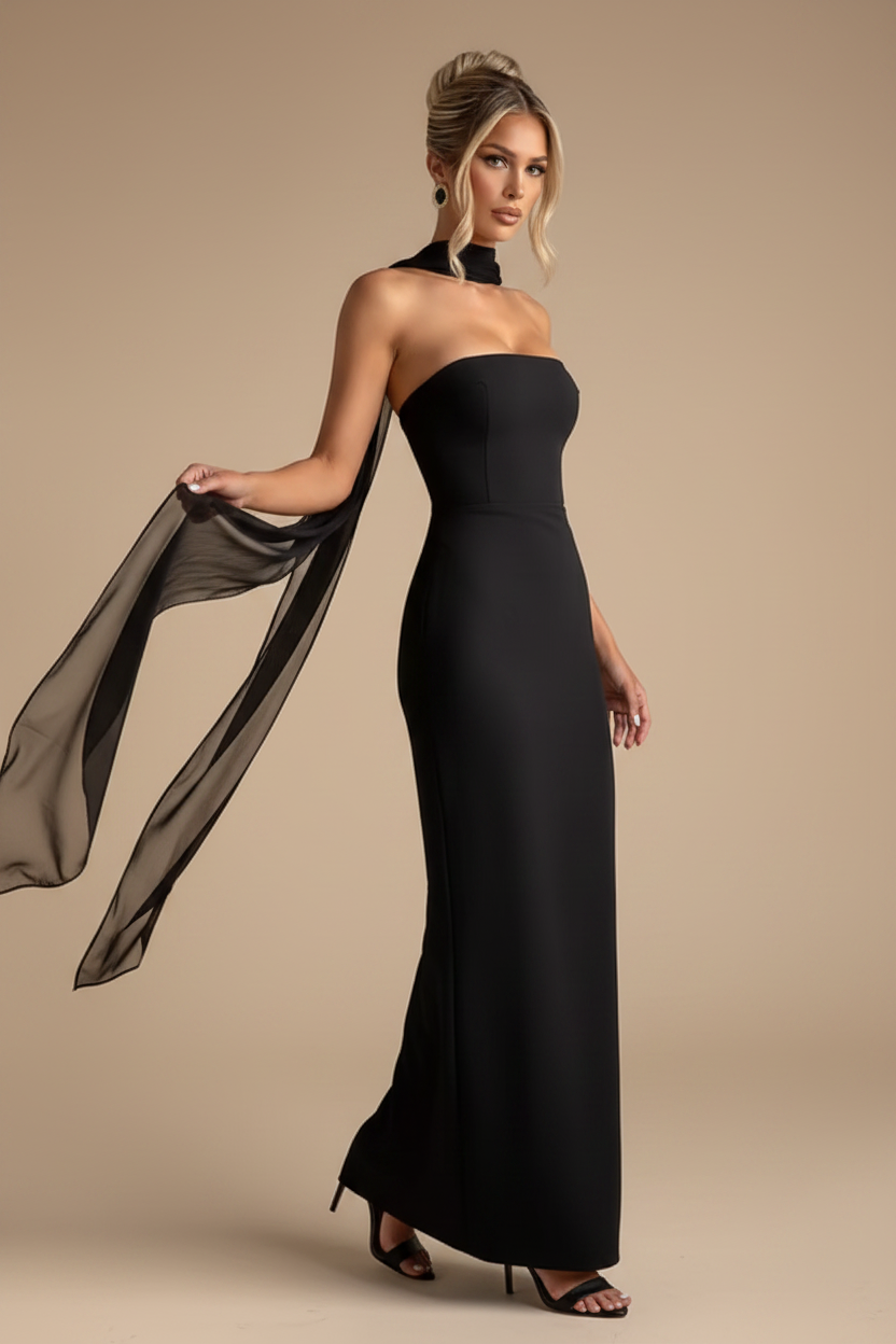 Maxi Strapless Dress with Drape Flowy Black