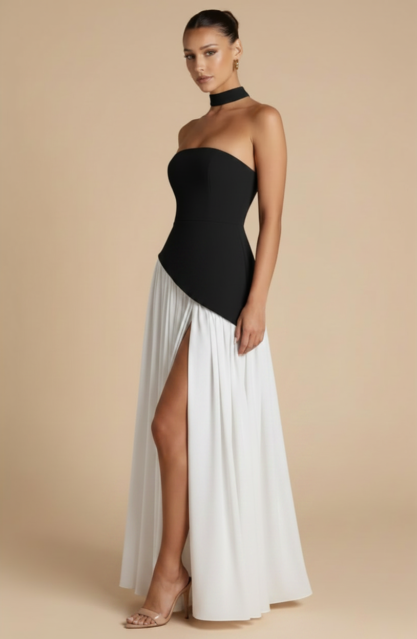 Valeria – Maxi Strapless Slit Elegant Black Dress & White