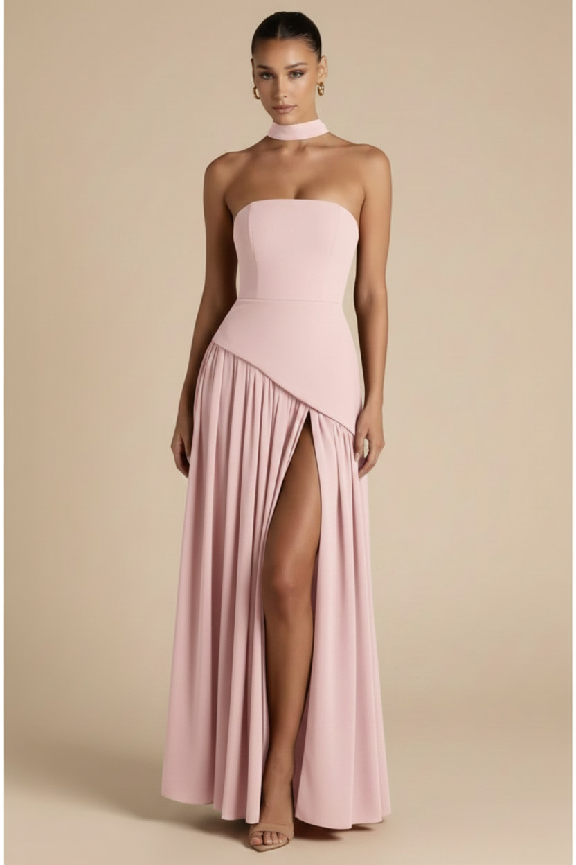 Valeria – Maxi Strapless Slit Elegant Light Pink Dress