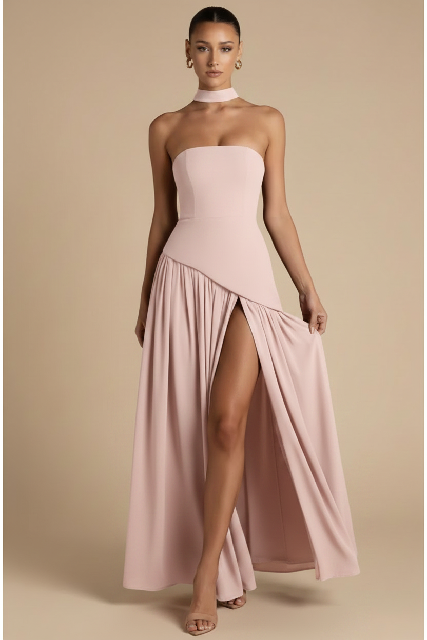 Valeria – Maxi Strapless Slit Elegant Light Pink Dress