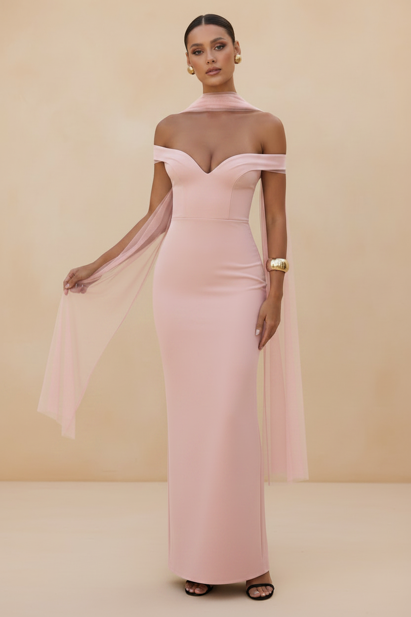 Selene – Maxi Off Shoulder Effect Silhouette Pink Dress