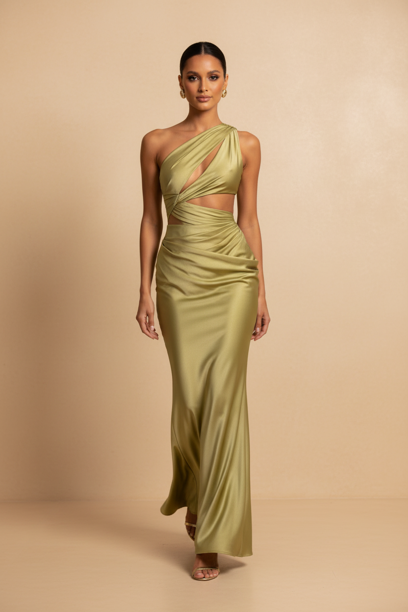 Aveline – Maxi Asymmetric Satin Olive Green Dress